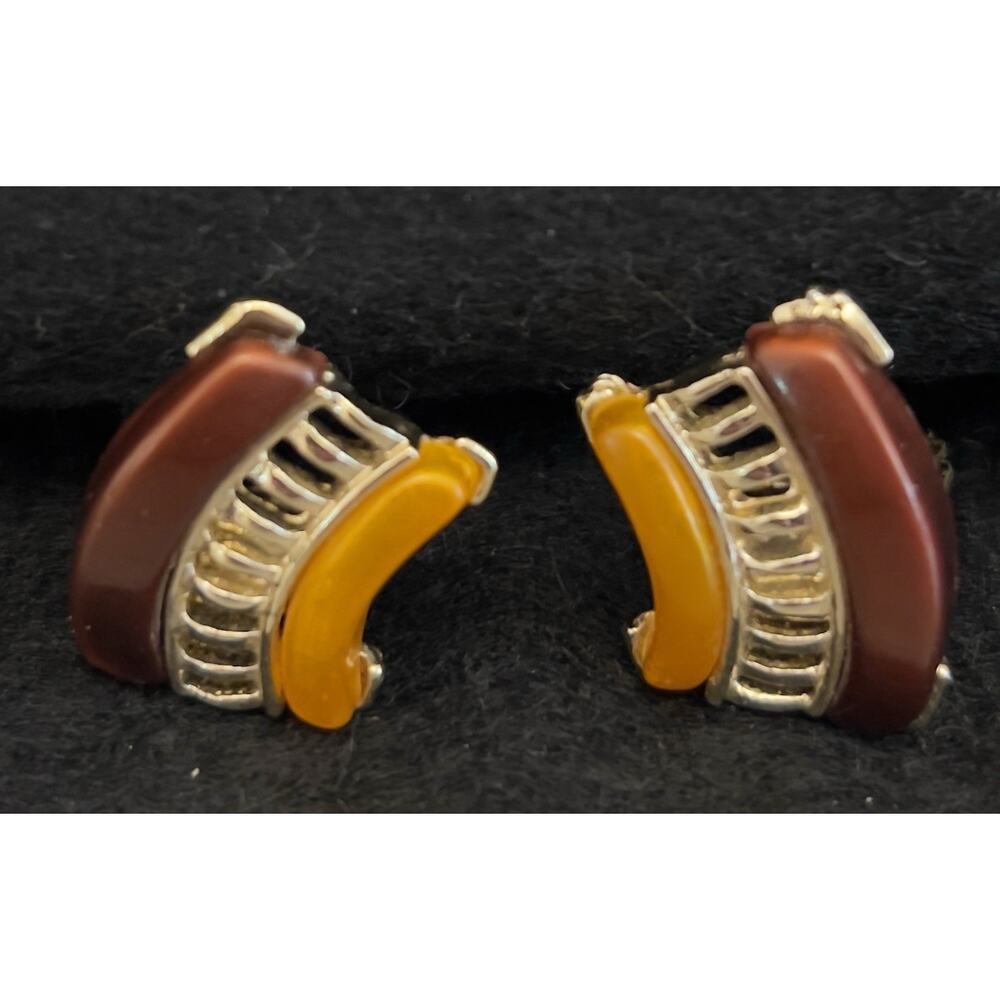 Vintage 1960s Amber Yellow Lucite Clip On Earrings Womens Gold Tone Retro Bold